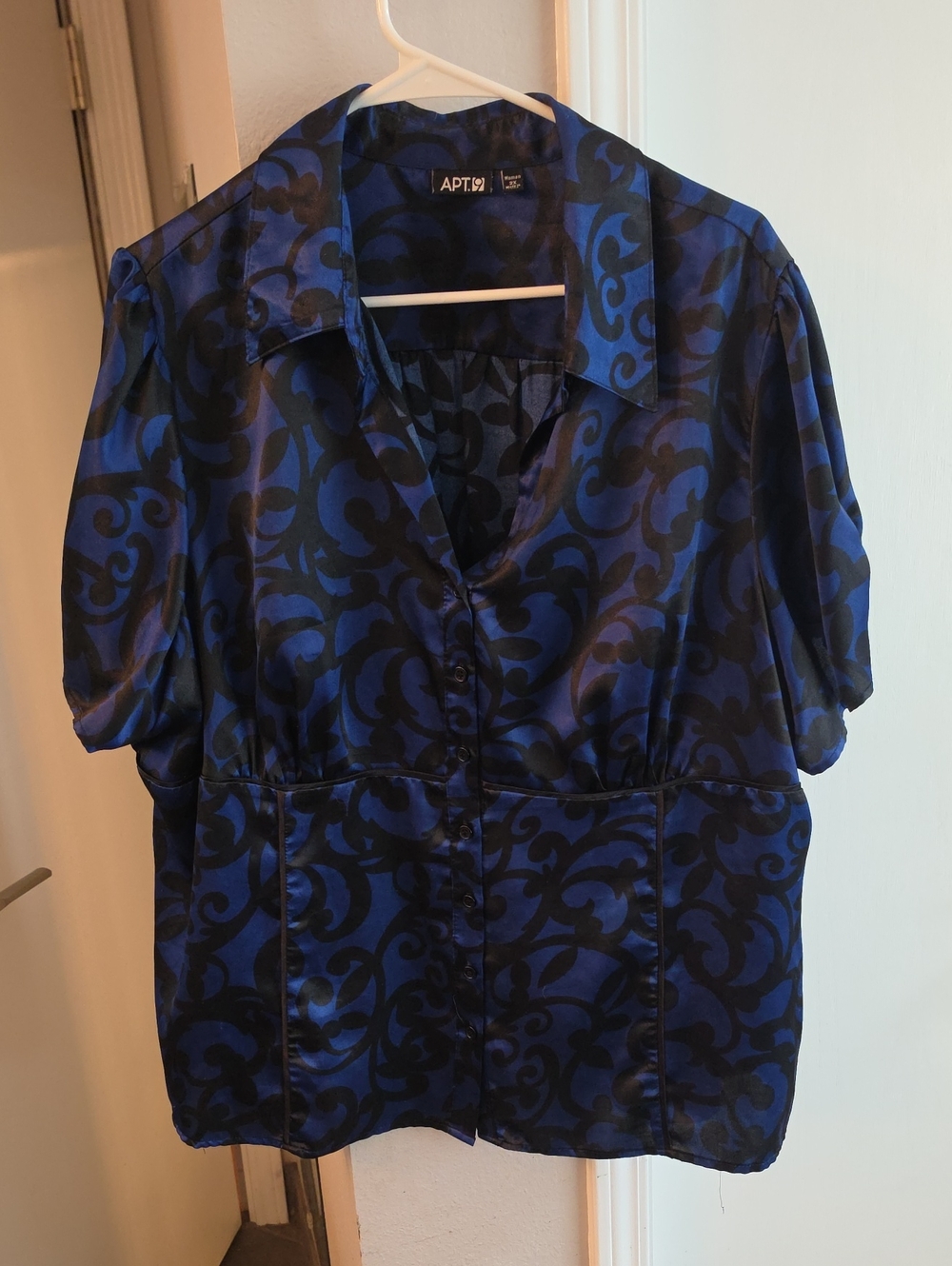 Apt. 9 Blue and Black Swirl Satin Button-Up Top